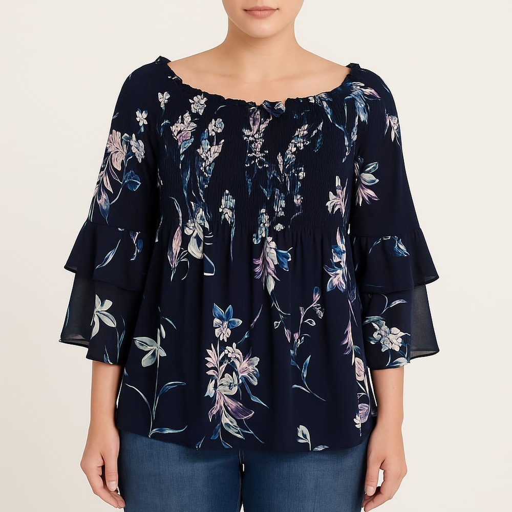 Lane Bryant  Blue Floral Blouse with Flutter Sleeves, size 12